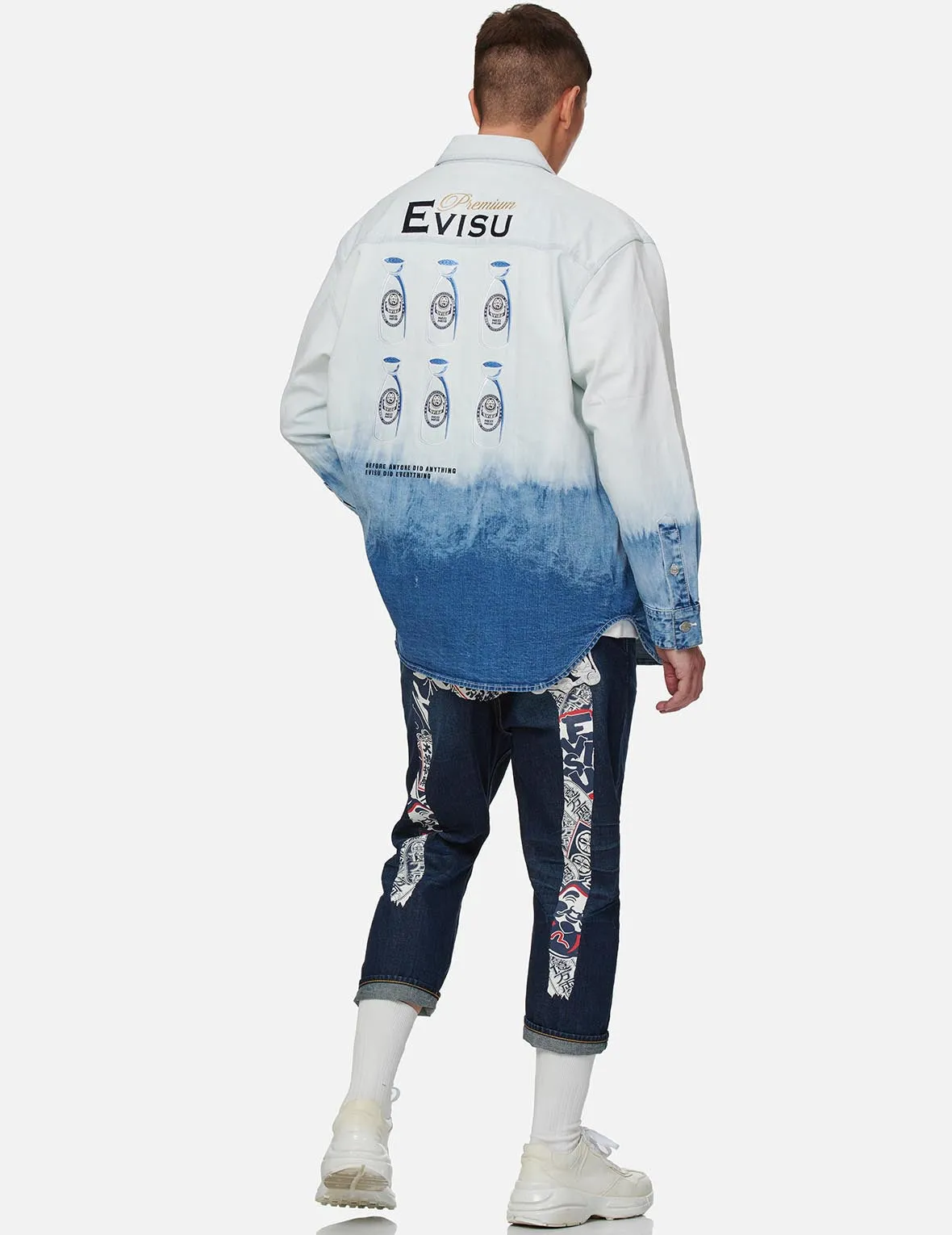 Sake Bottle Embroidered Tie-dye Denim Shirt Jacket