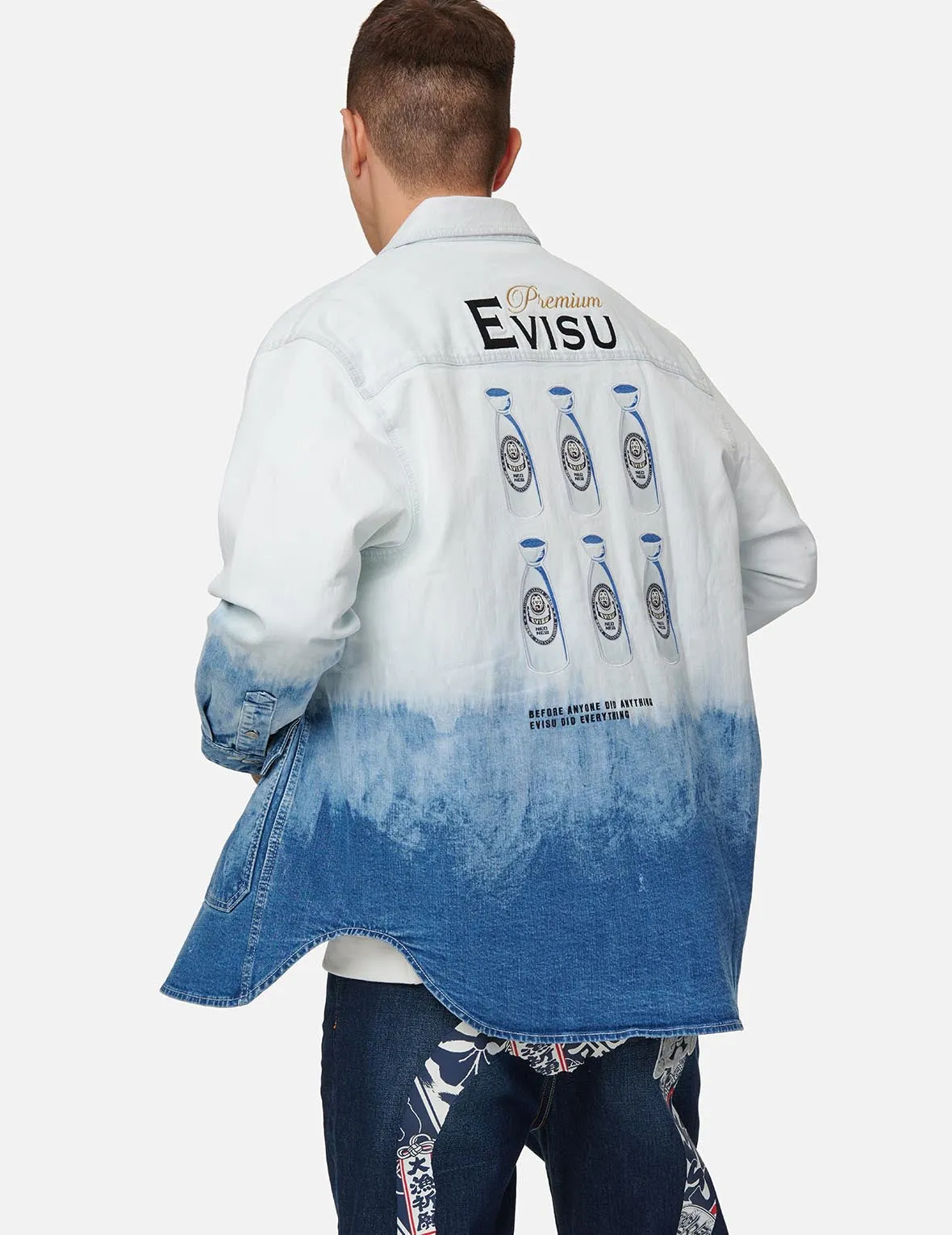 Sake Bottle Embroidered Tie-dye Denim Shirt Jacket