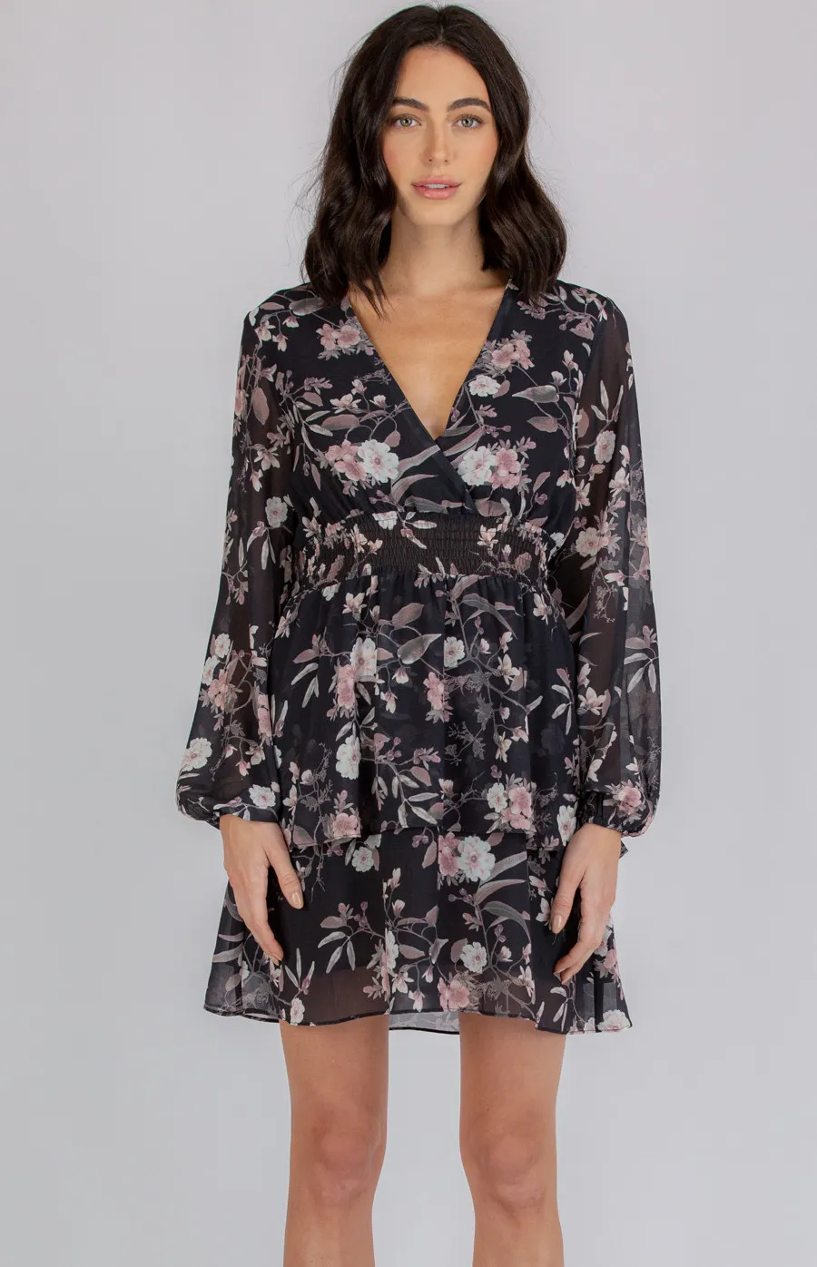 Shirred Waist Floral Dress with Layered Hem (ADR1065B)