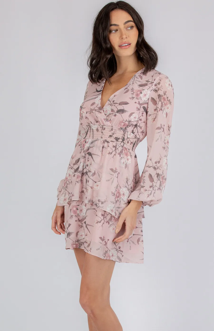 Shirred Waist Floral Dress with Layered Hem (ADR1065B)