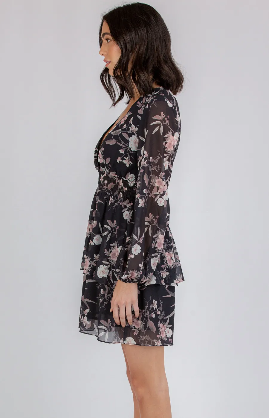 Shirred Waist Floral Dress with Layered Hem (ADR1065B)