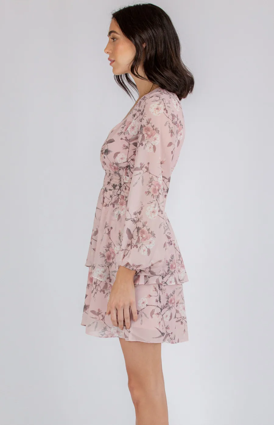 Shirred Waist Floral Dress with Layered Hem (ADR1065B)