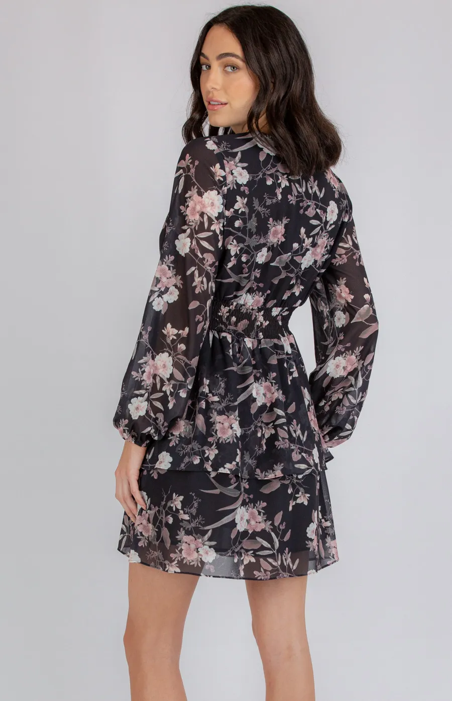 Shirred Waist Floral Dress with Layered Hem (ADR1065B)