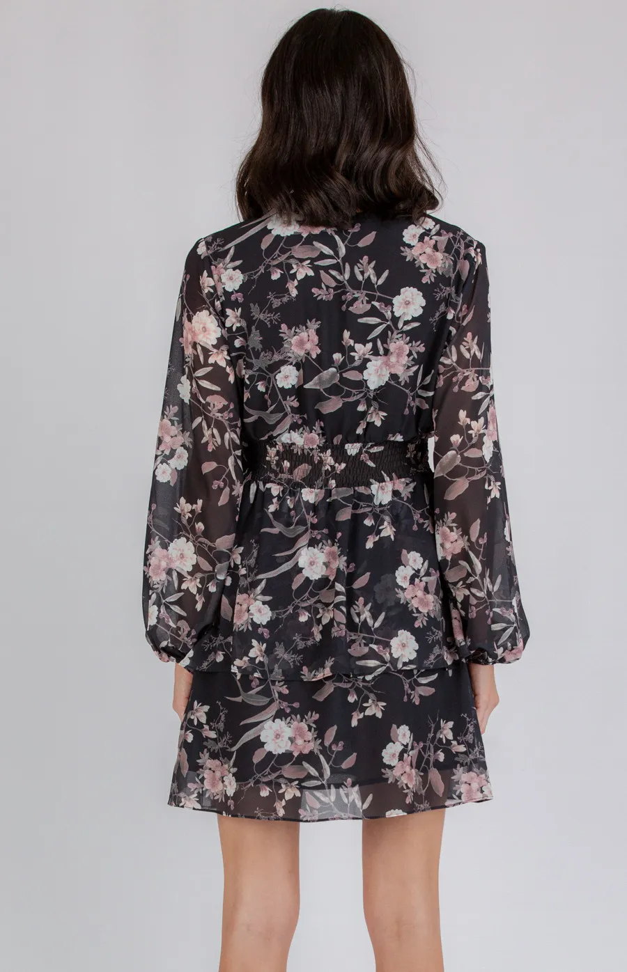 Shirred Waist Floral Dress with Layered Hem (ADR1065B)