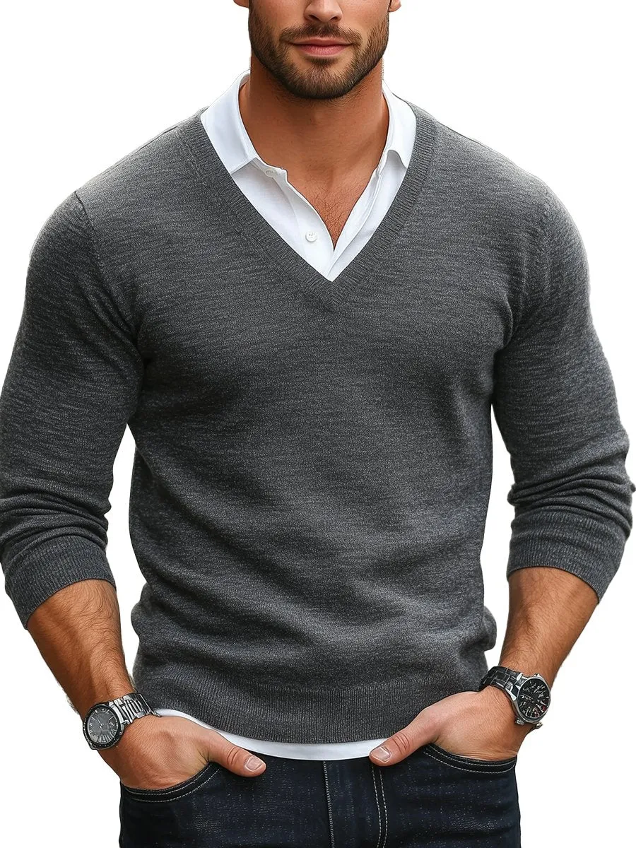 Simple Basic Solid Color V-neck Lightweight Sweater