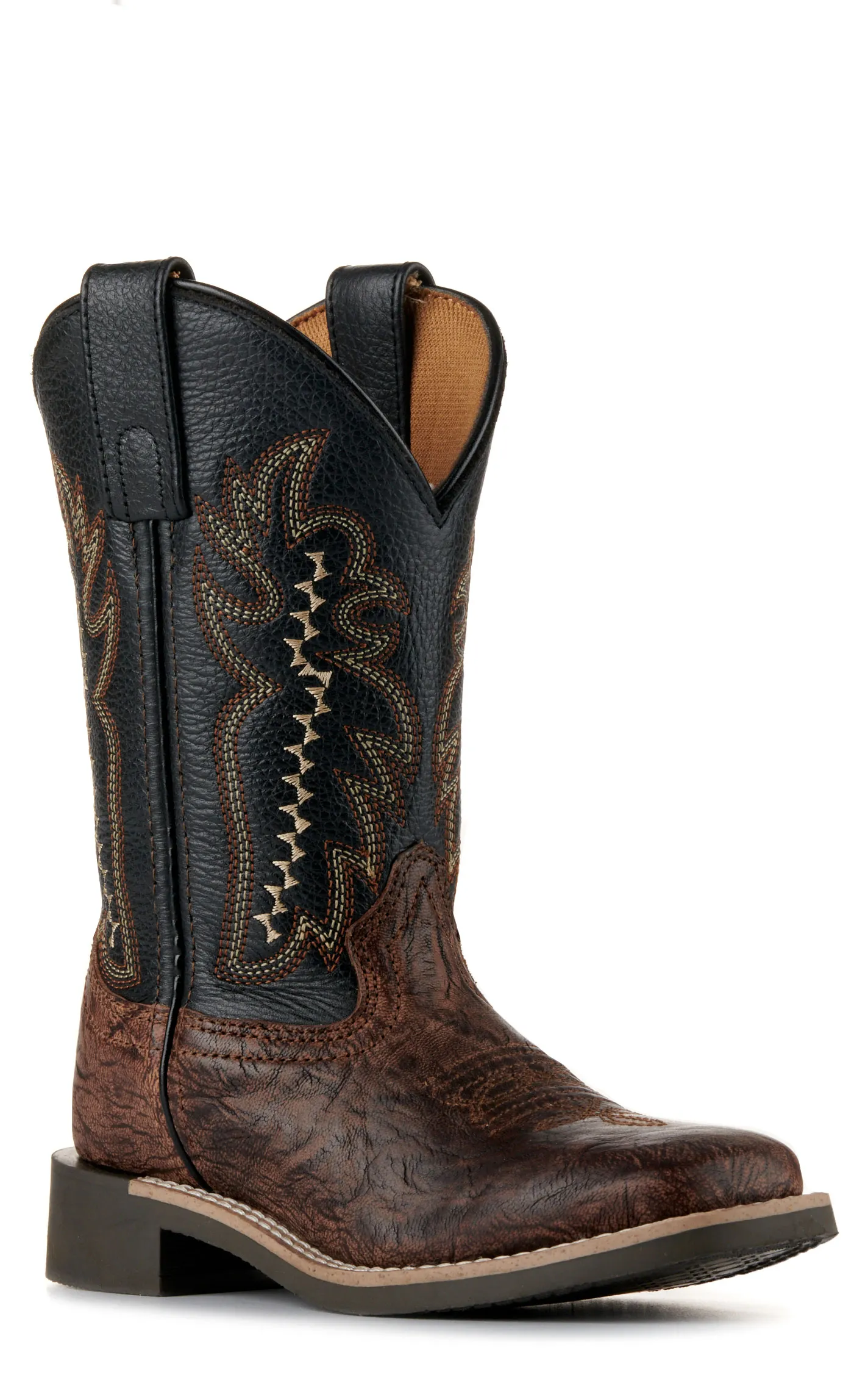 Smoky Mountain Kids' Antique Brown Exotic Print and Black Wide Square Toe Cowboy Boots