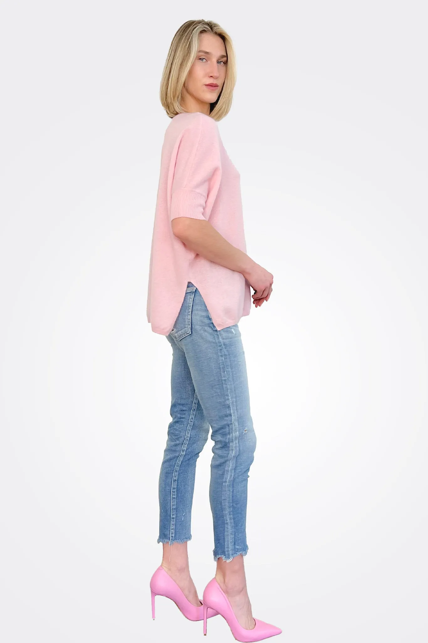 Supima Cotton Cashmere V Neck Sweater - Pink Petal