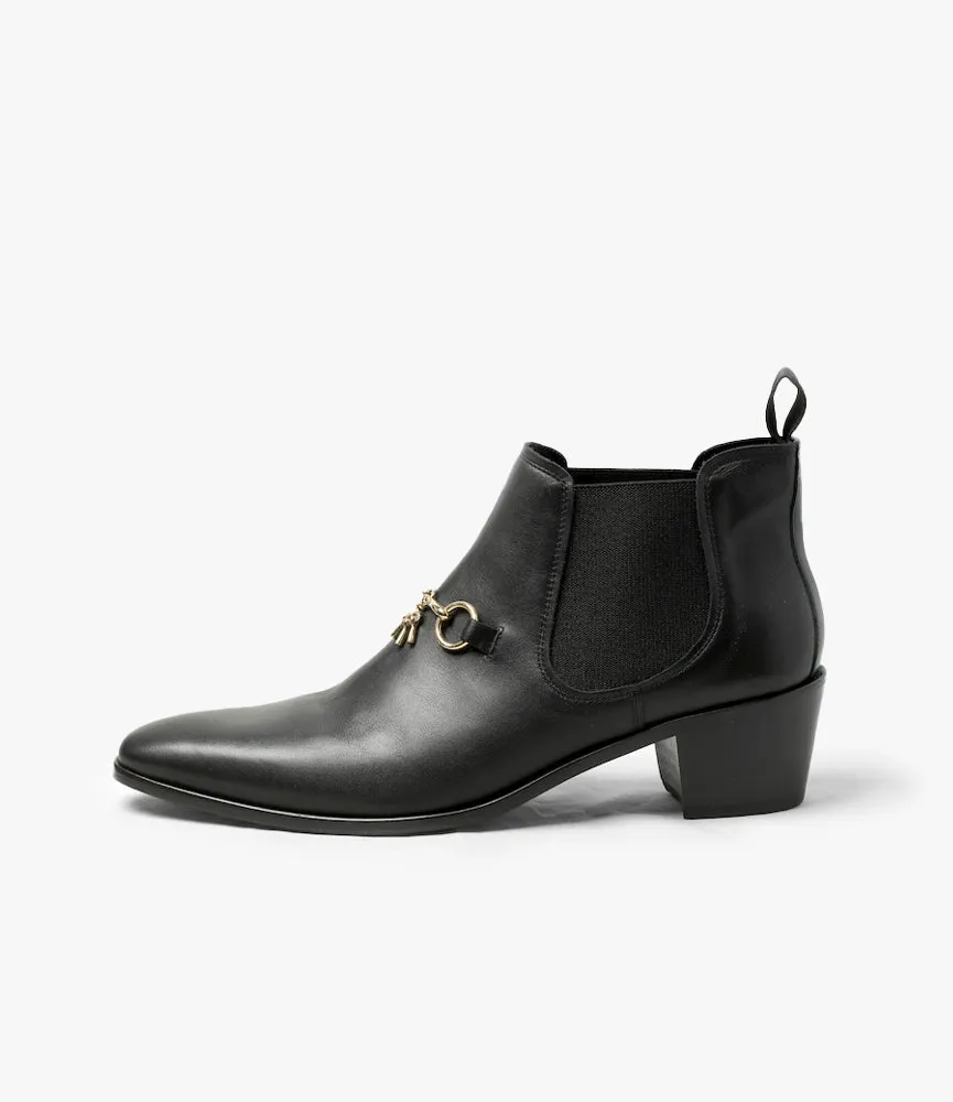 Tassel Bit Heeled Chelsea Boot –Black Leather