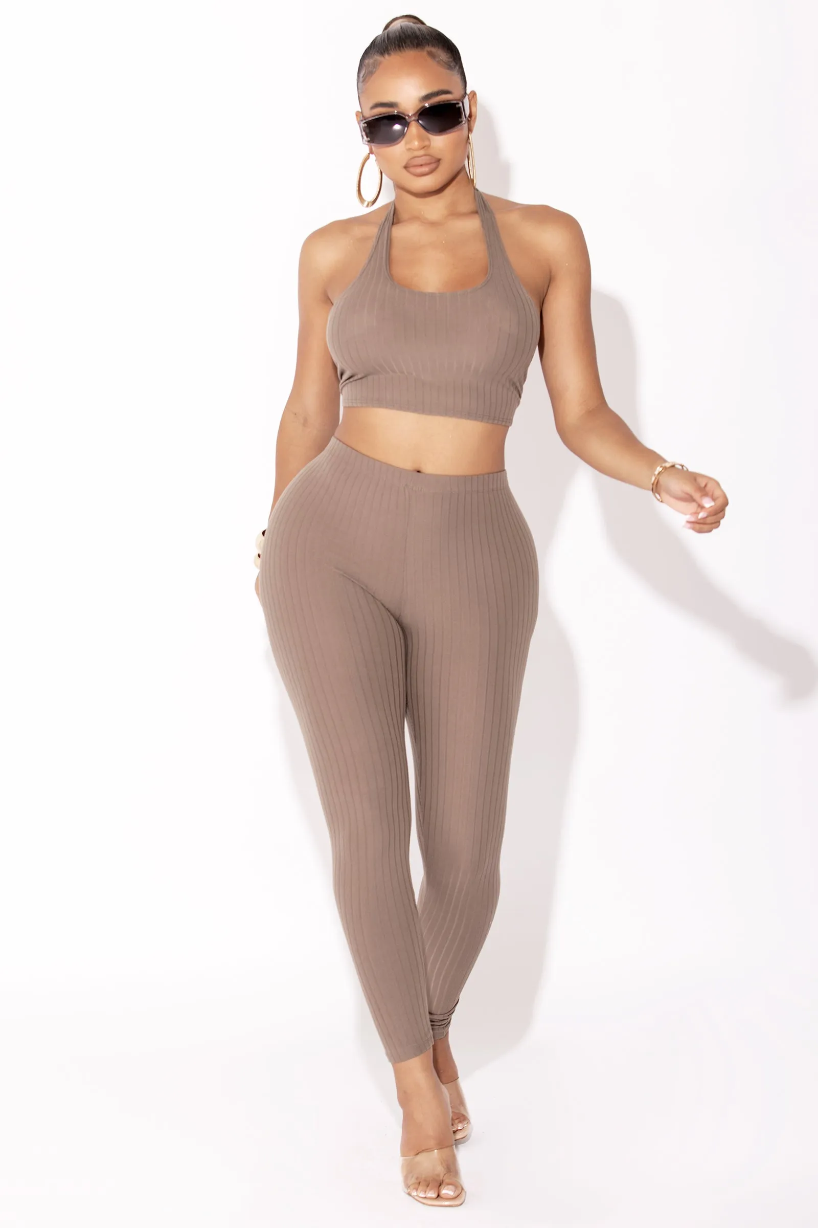 Taupe Ribbed Halter Top & Legging Set