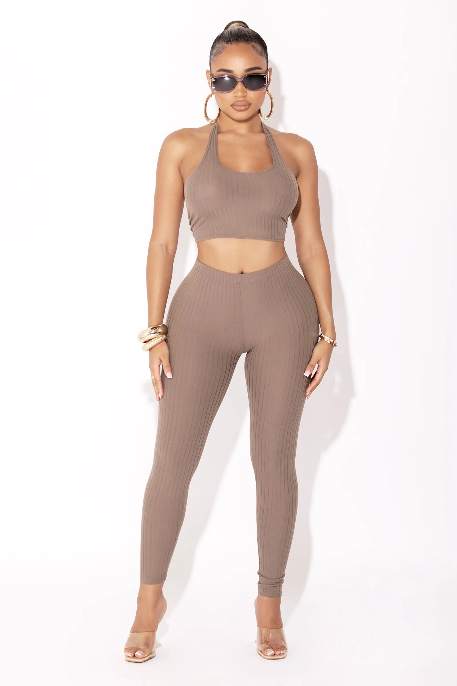 Taupe Ribbed Halter Top & Legging Set