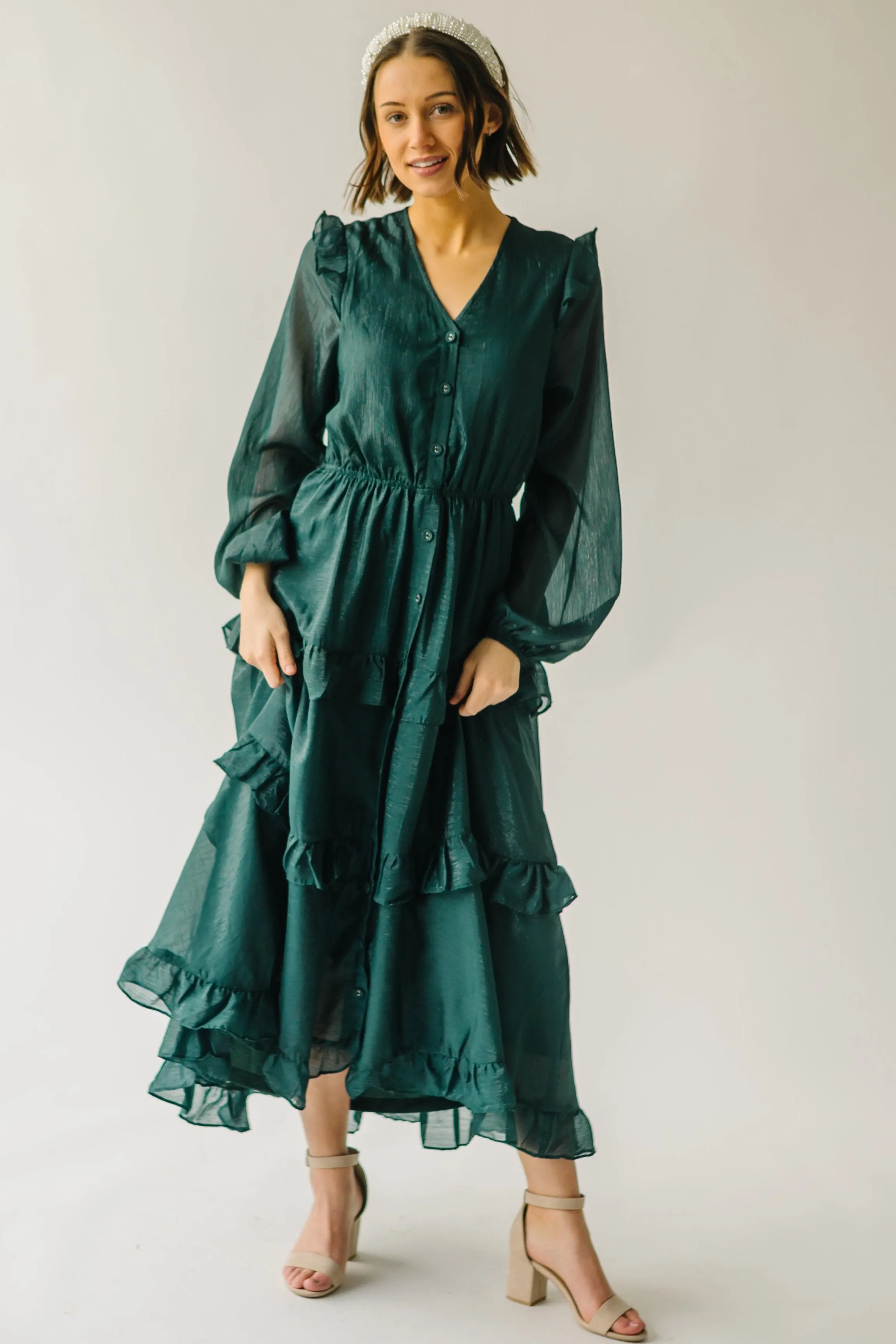 The Amanzoe Tiered Midi Dress in Hunter Green