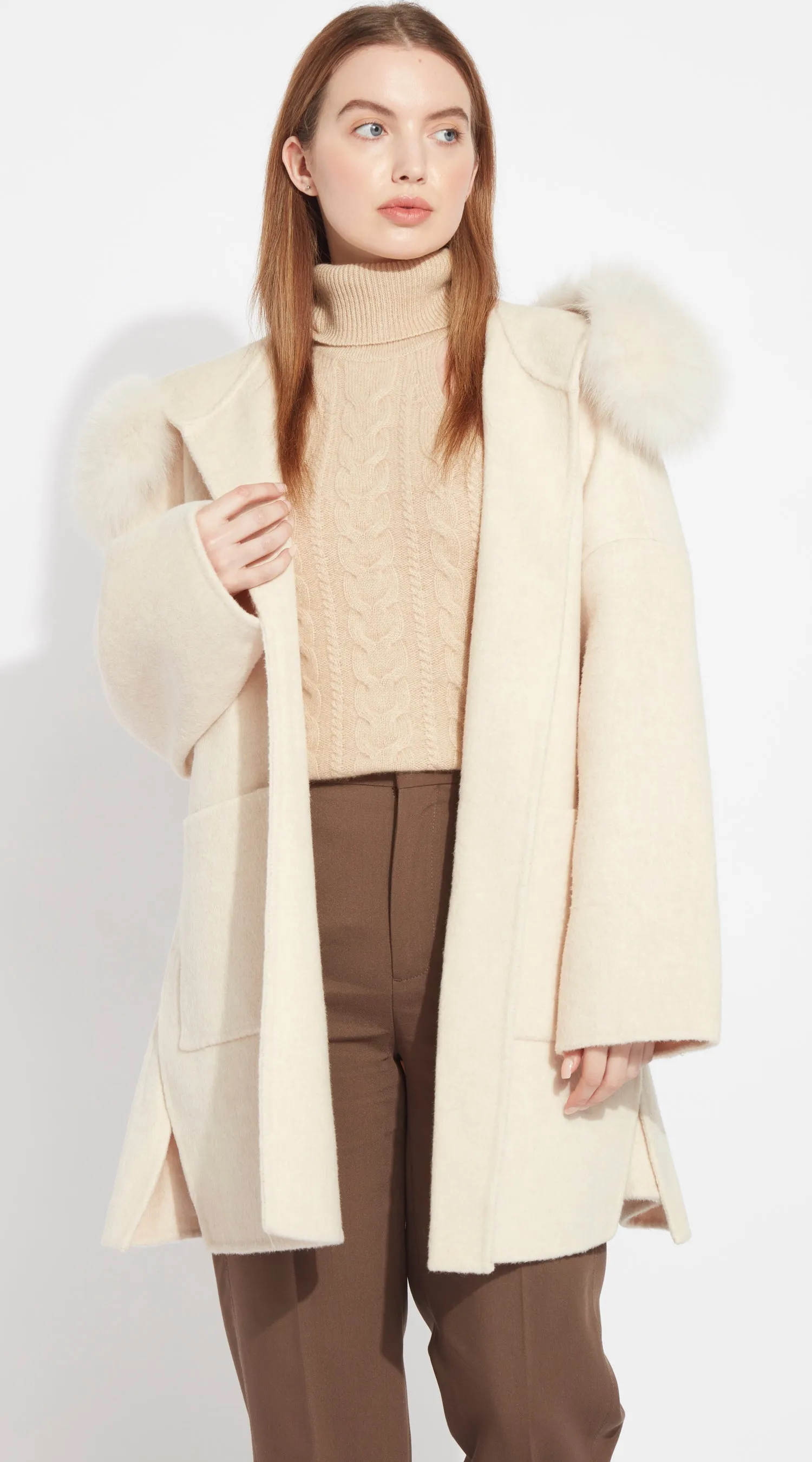 The London Cashmere & Fox Fur Belted Coat - Buttermilk