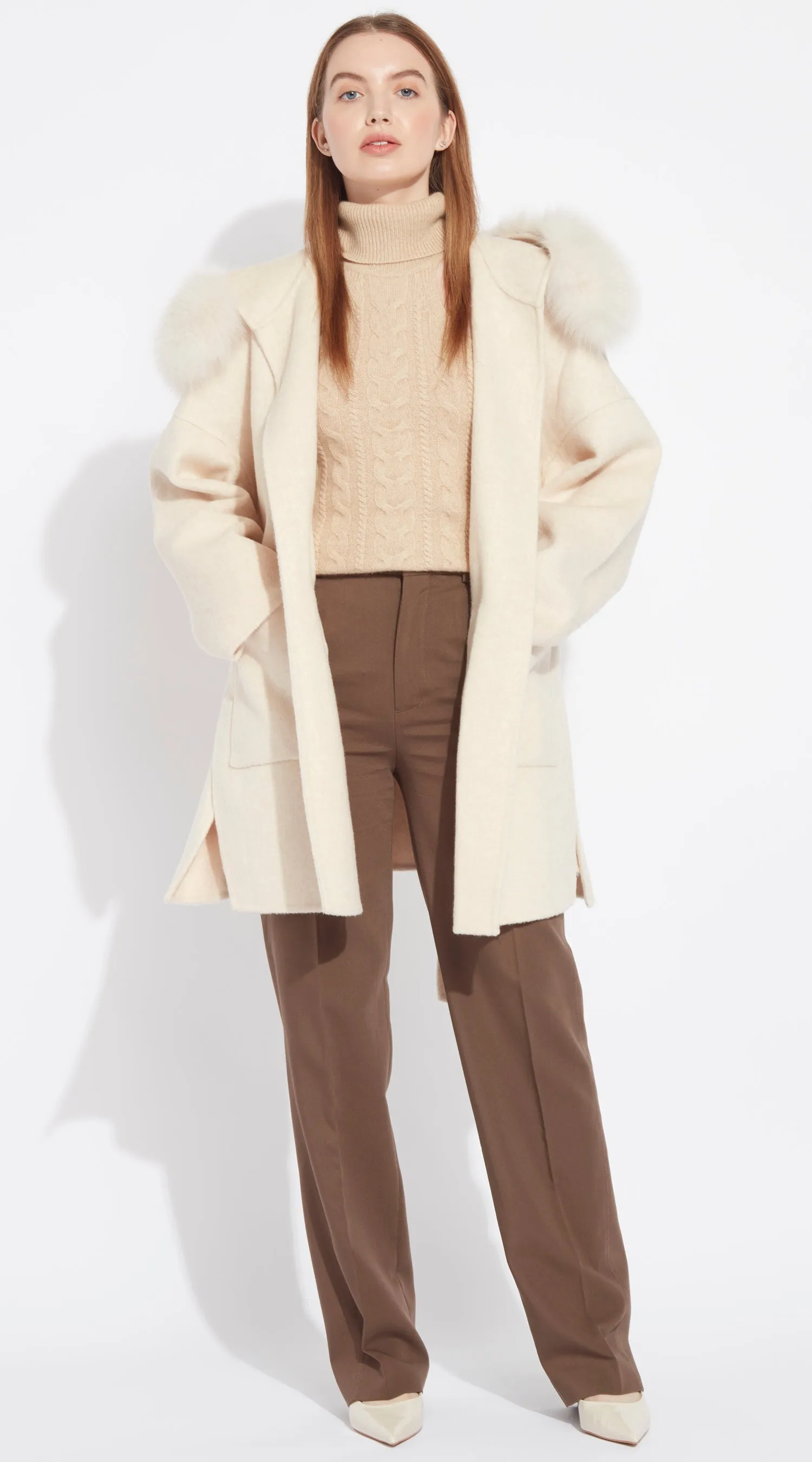 The London Cashmere & Fox Fur Belted Coat - Buttermilk