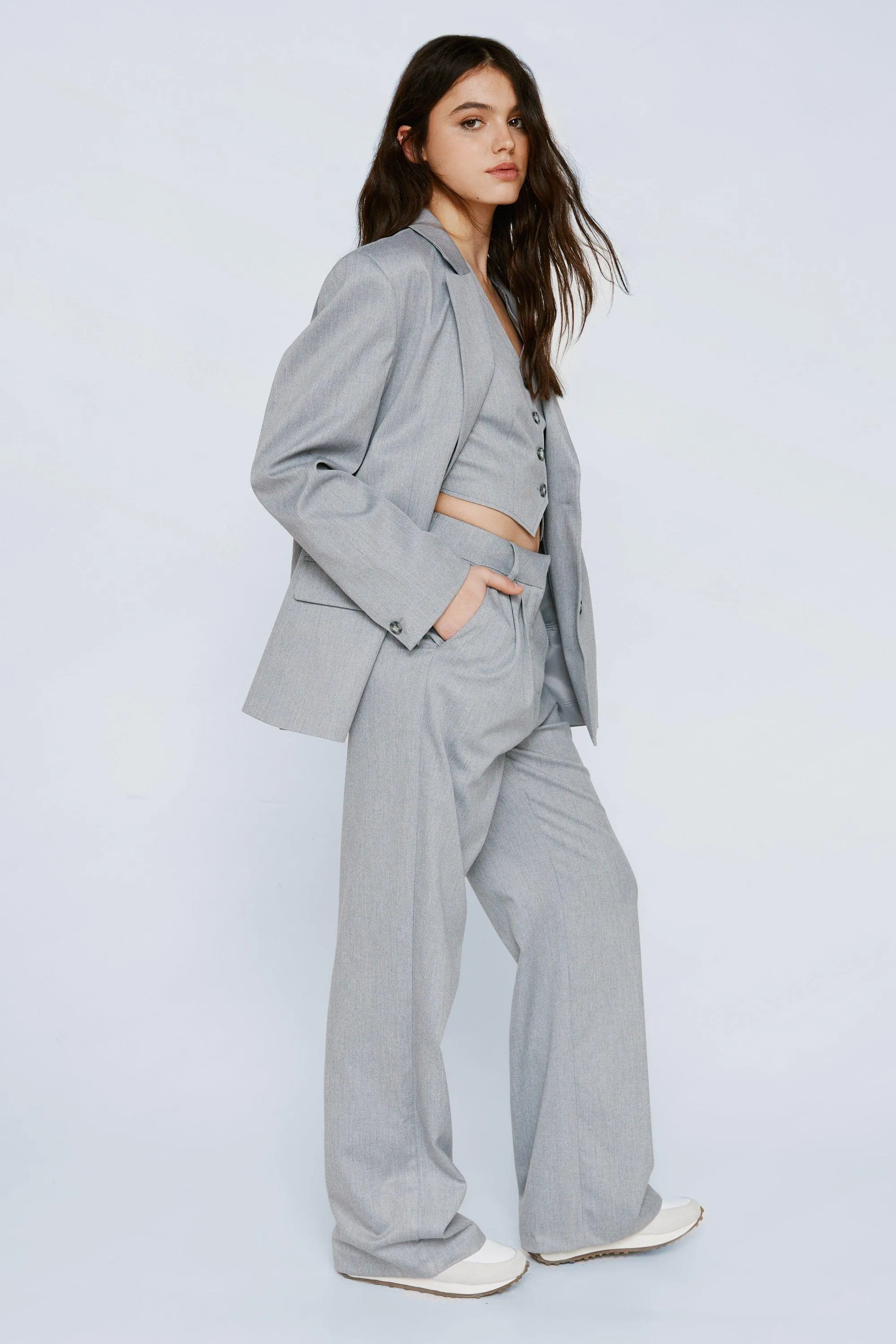 Trousers | Premium Charcoal Textured Wide Leg Trousers | NastyGal