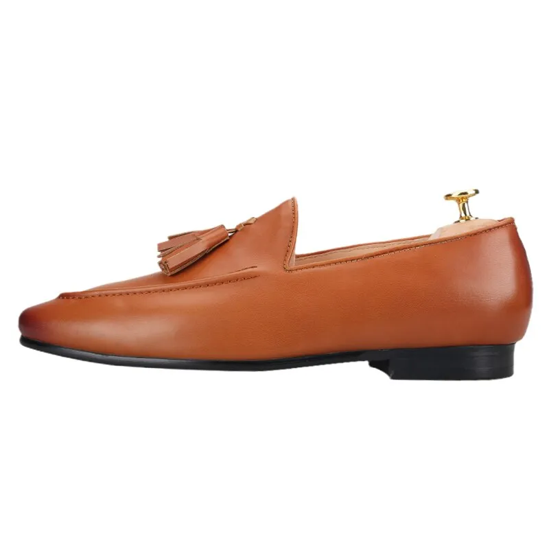 Two Colors Cowhide Men Shoes With Leather Tassels Handmade Party Slip-On Loafers