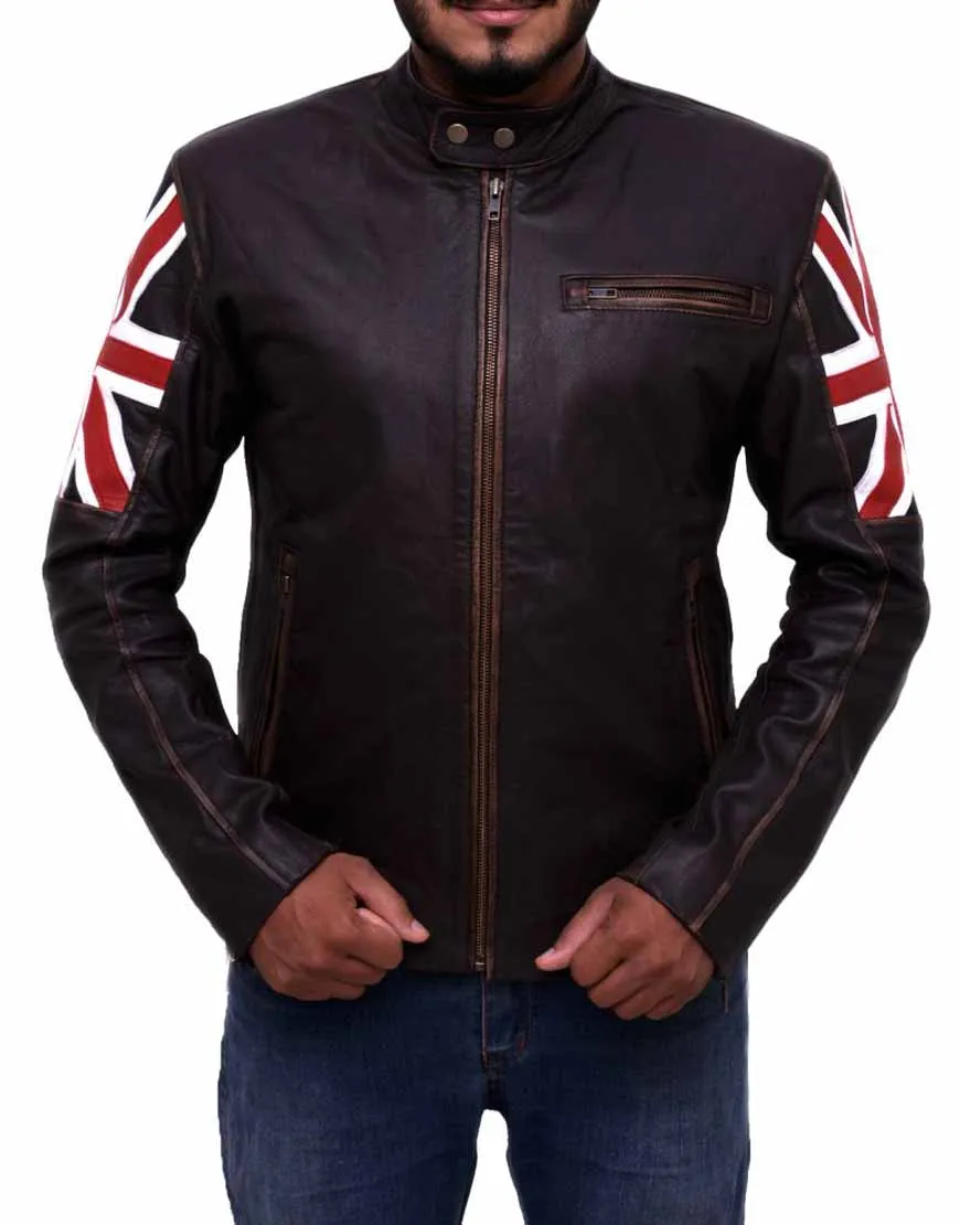 UK Flag Brown Leather Cafe Racer Jacket - UJackets