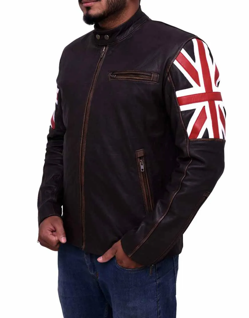 UK Flag Brown Leather Cafe Racer Jacket - UJackets