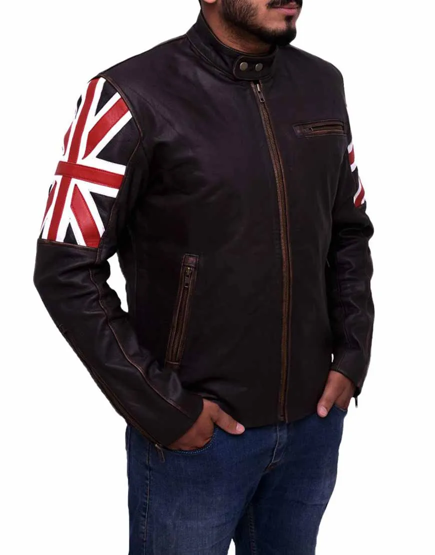 UK Flag Brown Leather Cafe Racer Jacket - UJackets