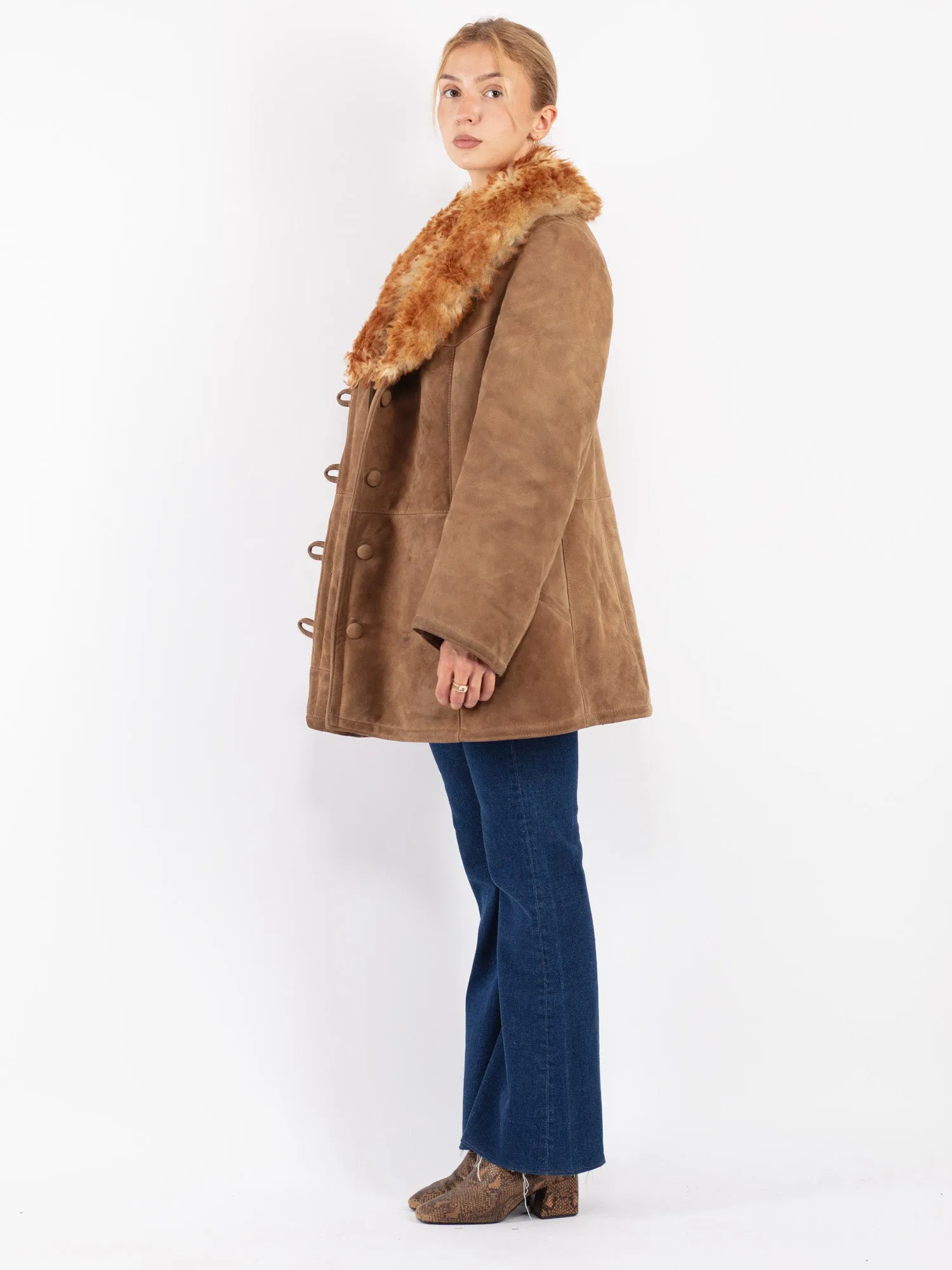 Vintage 70's Women Sheepskin Shearling Coat in Beige