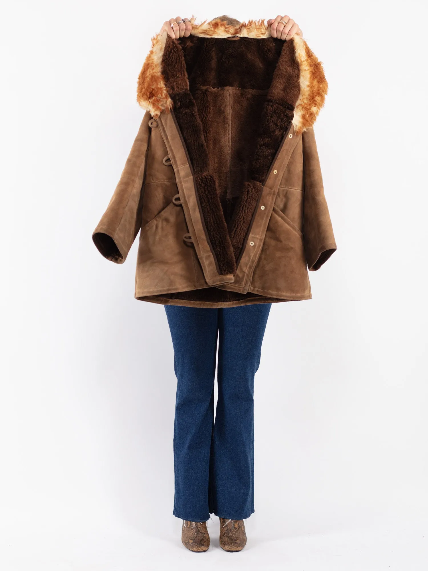 Vintage 70's Women Sheepskin Shearling Coat in Beige