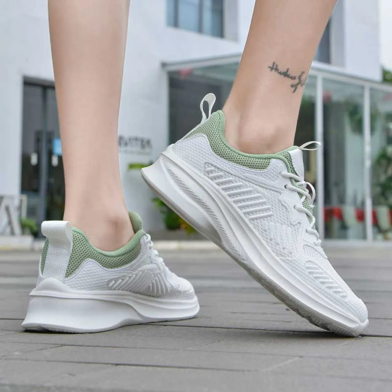 White green mesh stripe accents shoe sneaker