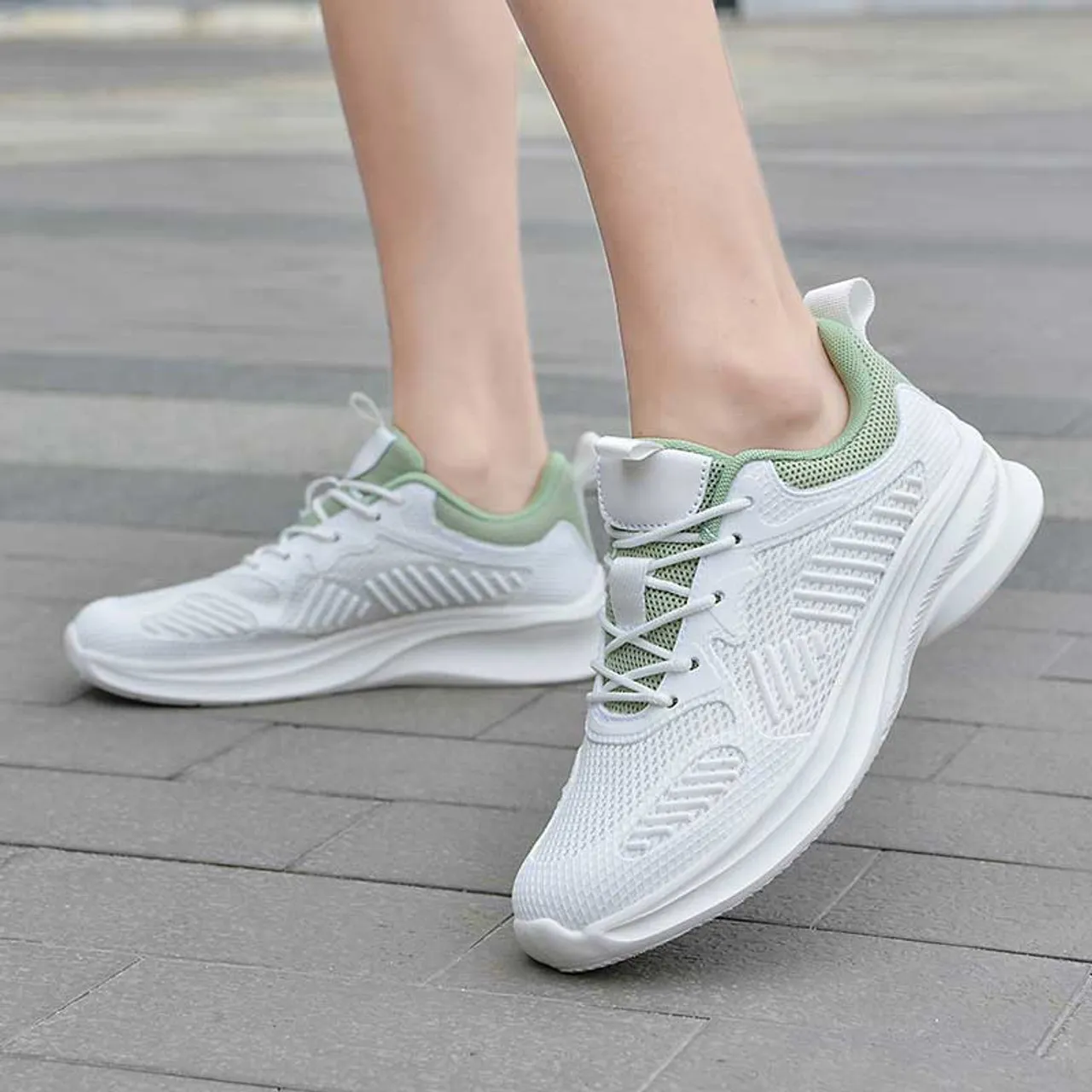 White green mesh stripe accents shoe sneaker