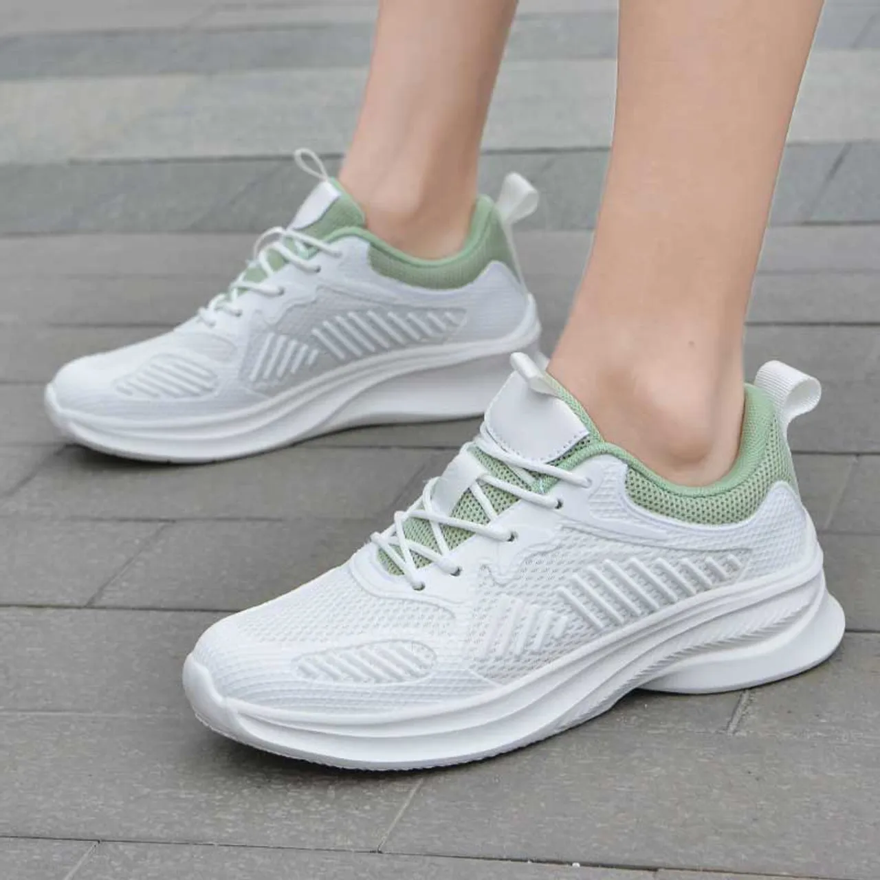 White green mesh stripe accents shoe sneaker