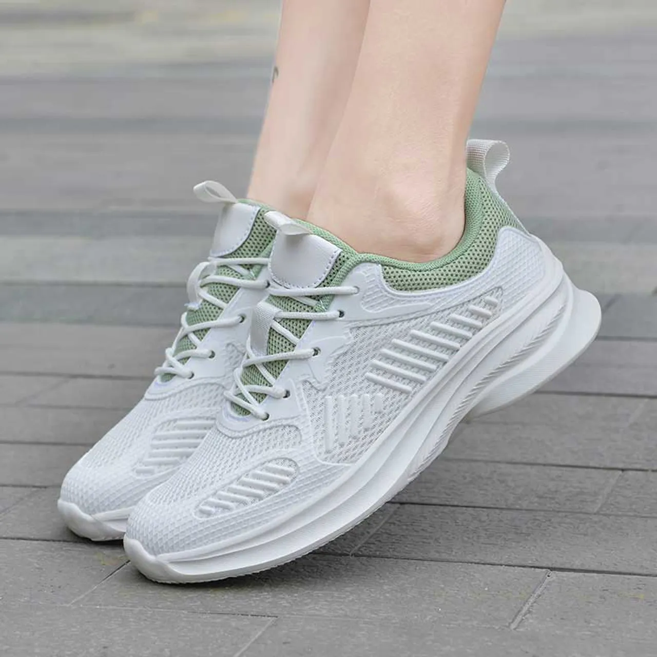 White green mesh stripe accents shoe sneaker