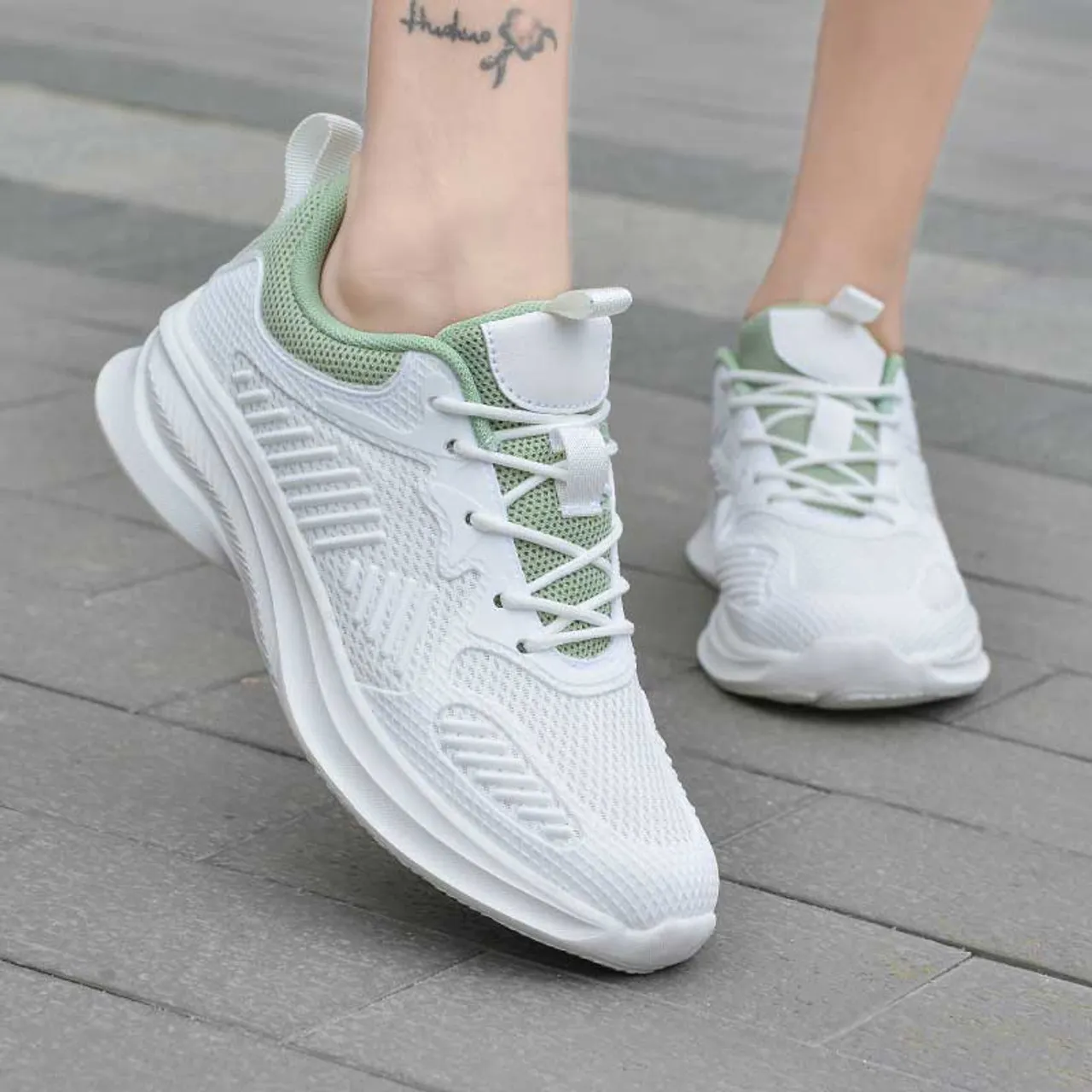 White green mesh stripe accents shoe sneaker