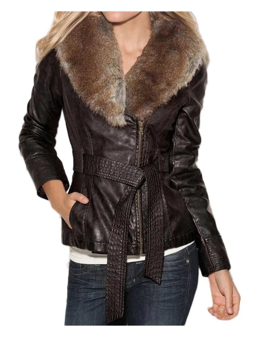 Womens Brown Faux Fur Collar Jacket - UJackets