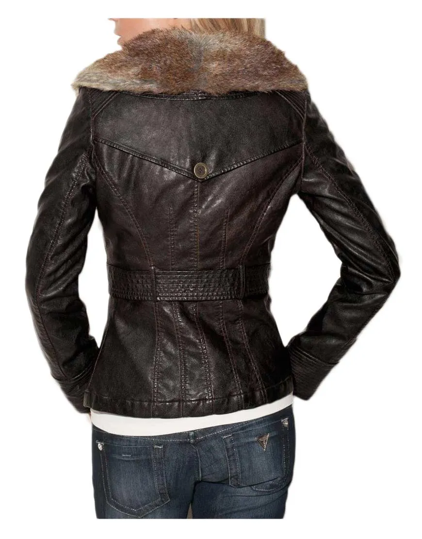 Womens Brown Faux Fur Collar Jacket - UJackets