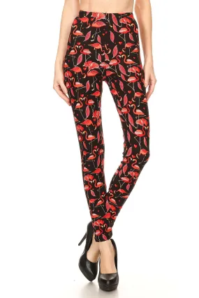 Women's Regular Flamingo Bird Pattern Printed Leggings - Black Pink