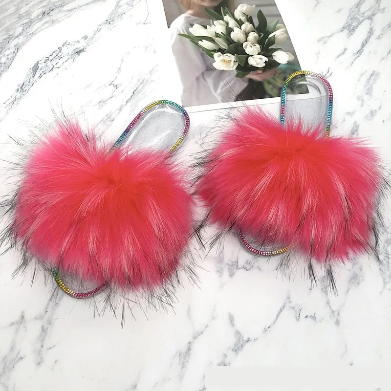 Women's Summer Watermelon Red Synthetic Fur Crystal House Slippers