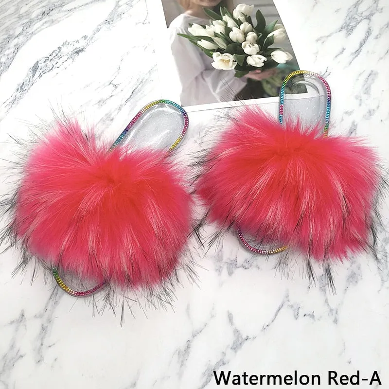 Women's Summer Watermelon Red Synthetic Fur Crystal House Slippers