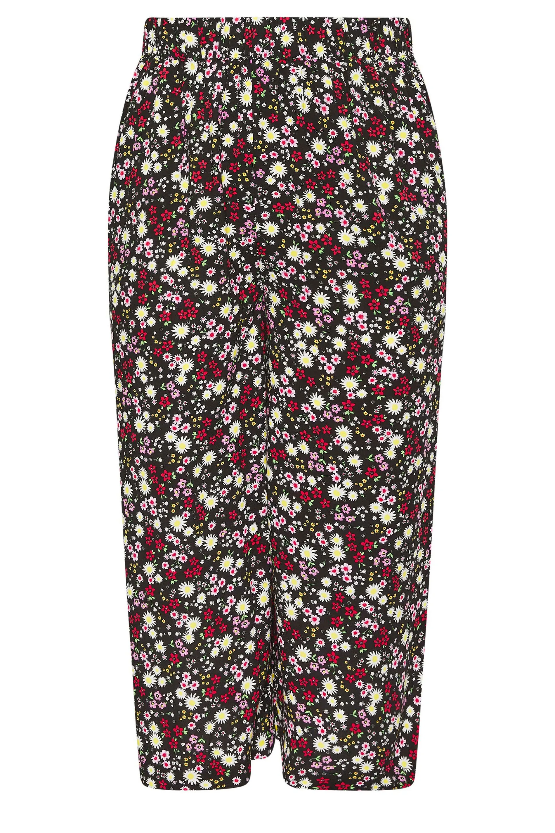 YOURS Curve Black Ditsy Floral Print Wide Leg Cropped Trousers