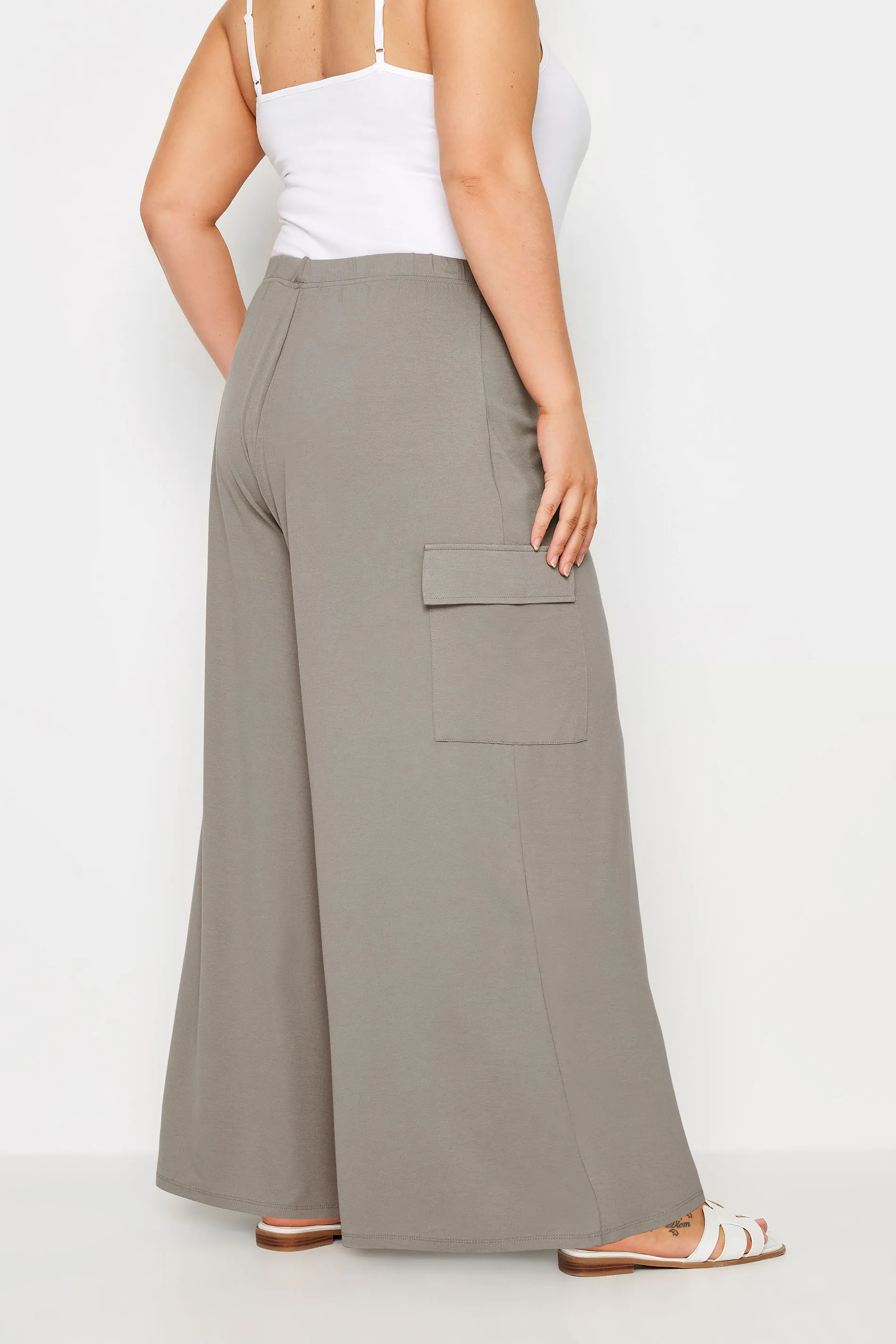 YOURS Curve Stone Brown Jersey Wide Leg Cargo Trousers